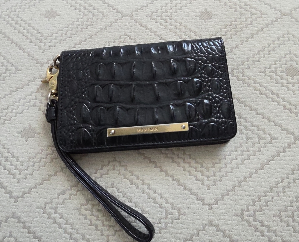 Brahmin Black Croc-Embossed Leather Wristlet